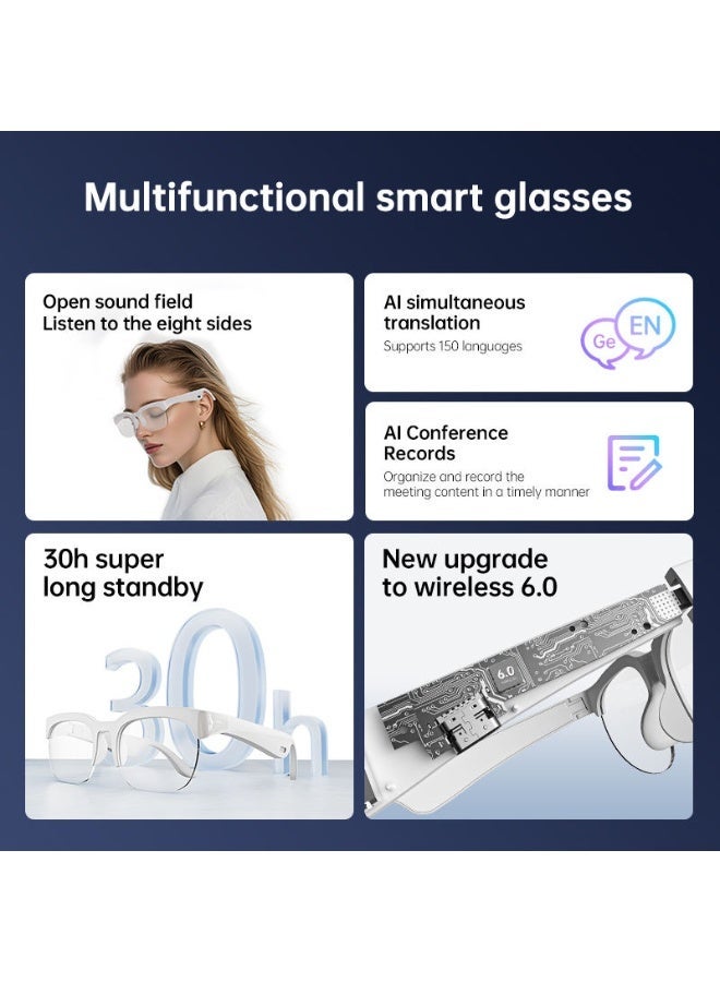 2-in-1 Smart Glasses Headset with AI Translator, Support 150 Languages Real-time Voice Translation, HD Microphone for Clear Calls & Stereo Music Experience, Lightweight & Comfortable Wearing, Sensitive Touch Control, Ideal for Business Trips, Cross-border Travel & Language Learning, Fashion Unisex Smart Wearable Accessory - Image 2